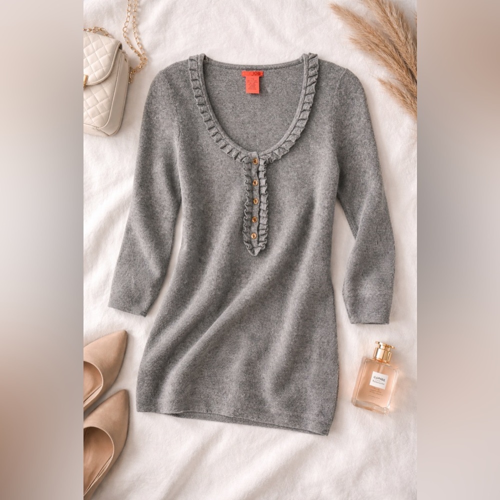 Cashmere Blend Ruffle Henley Sweater Grey Soft Feminine Knit top